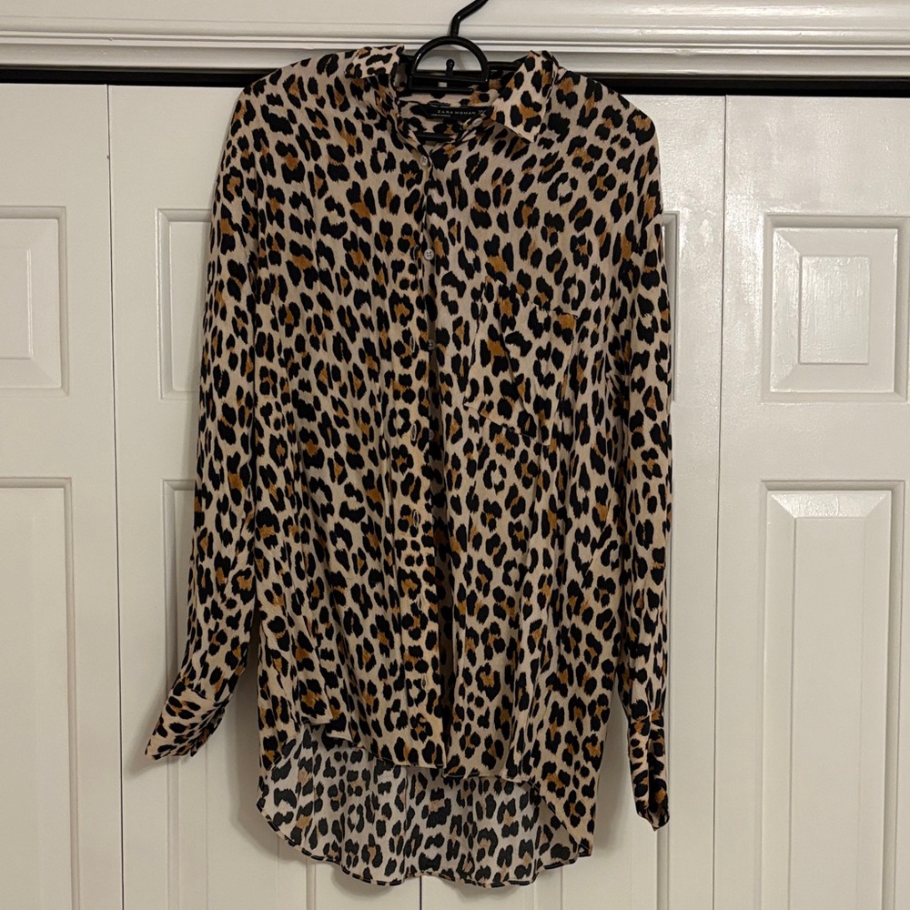 Zara Woman Leopard Print Button-Up Blouse - Tan, Black, Brown
